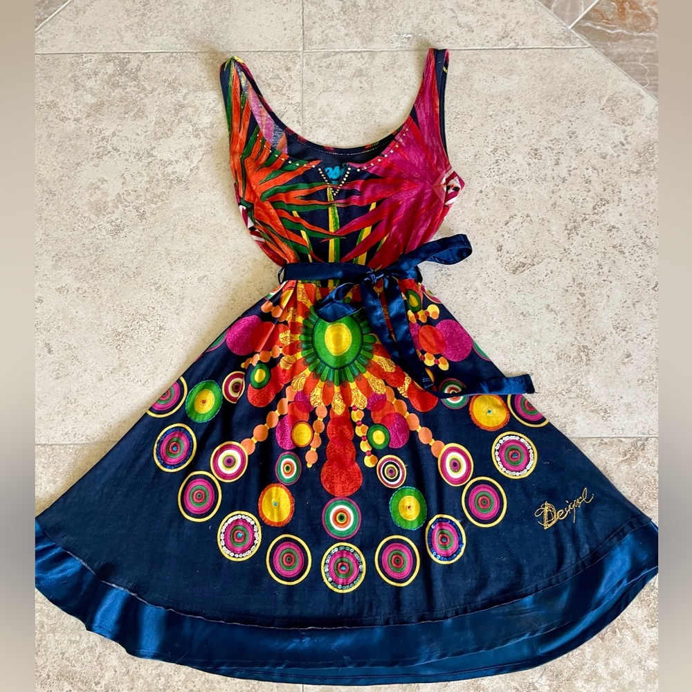 Desigual Designer Spring Dress Multi-color Embellished Cotton Dress Size Small